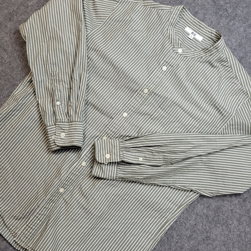 Uniqlo Shirt Mens XL Green Striped Regular Fit Band Collar Preppy Casual
